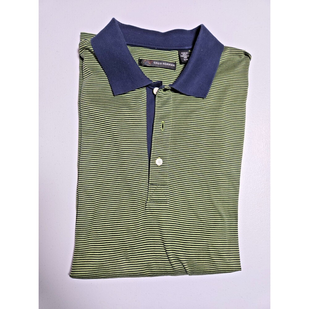 Mens Golf Polo Shirt Size M Greg Norman Cotton Green Navy Blue Button Collar